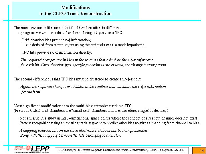 Modifications to the CLEO Track Reconstruction The most obvious difference is that the hit