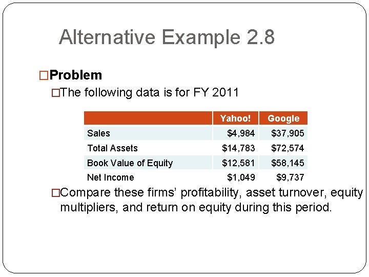 Alternative Example 2. 8 �Problem �The following data is for FY 2011 Yahoo! Sales