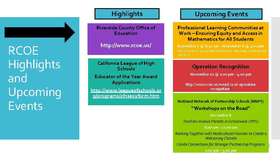 RCOE Highlights and Upcoming Events Highlights Upcoming Events Riverside County Office of Education Professional RCOE Highlights and Upcoming Events Highlights Upcoming Events Riverside County Office of Education Professional