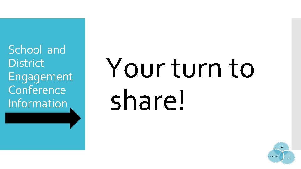 School and District Engagement Conference Information Your turn to share! School and District Engagement Conference Information Your turn to share!