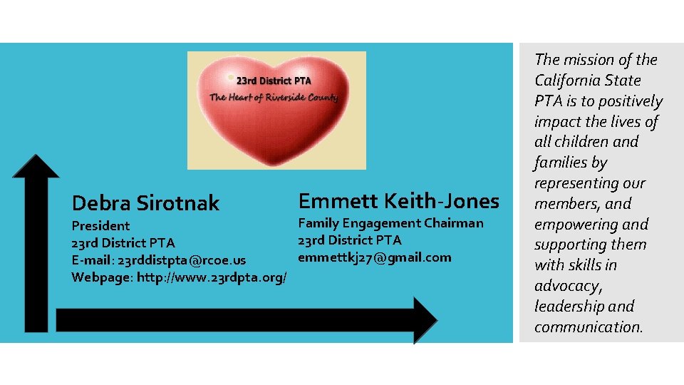 Debra Sirotnak Emmett Keith-Jones Family Engagement Chairman President 23 rd District PTA emmettkj 27@gmail. Debra Sirotnak Emmett Keith-Jones Family Engagement Chairman President 23 rd District PTA emmettkj 27@gmail.