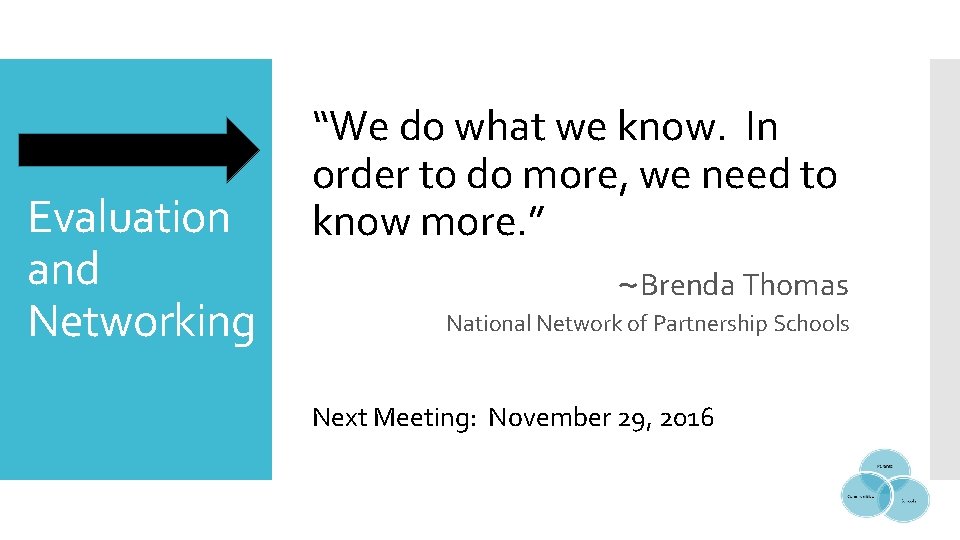 Evaluation and Networking “We do what we know. In order to do more, we Evaluation and Networking “We do what we know. In order to do more, we