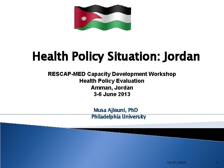 Health Policy Situation: Jordan RESCAP-MED Capacity Development Workshop Health Policy Evaluation Amman, Jordan 3