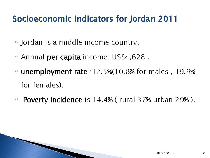 Socioeconomic Indicators for Jordan 2011 Jordan is a middle income country. Annual per capita