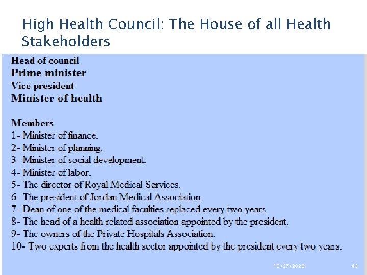 High Health Council: The House of all Health Stakeholders 10/27/2020 43 