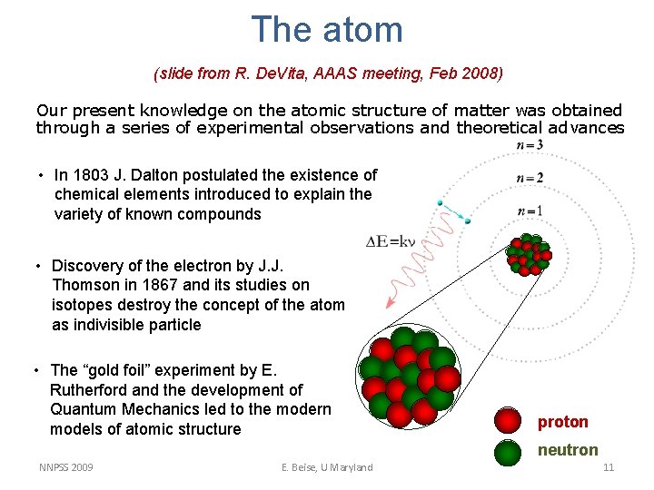 The atom (slide from R. De. Vita, AAAS meeting, Feb 2008) Our present knowledge