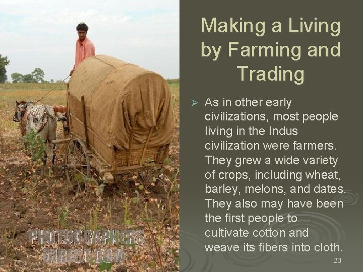 Making a Living by Farming and Trading Ø As in other early civilizations, most Making a Living by Farming and Trading Ø As in other early civilizations, most