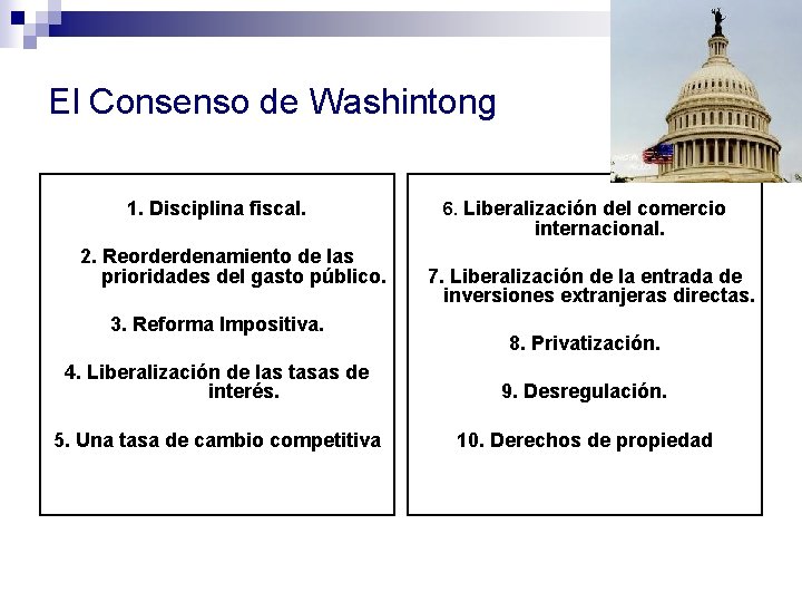 El Consenso de Washintong 1. Disciplina fiscal. 2. Reorderdenamiento de las prioridades del gasto