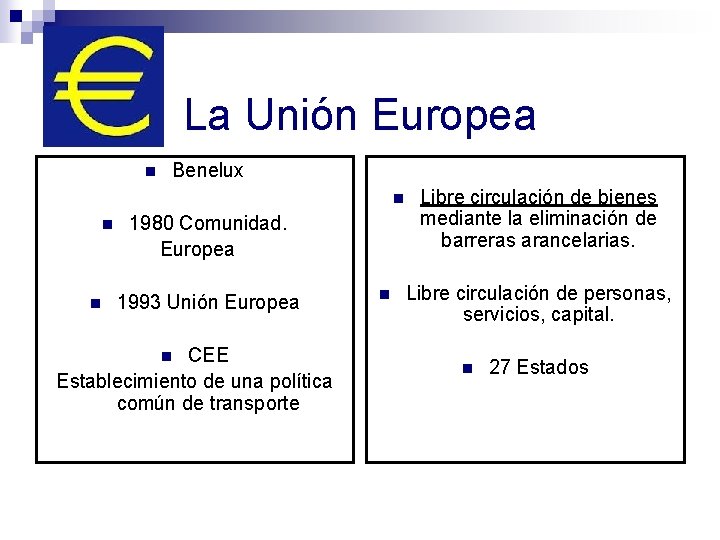 La Unión Europea n Benelux n n n 1980 Comunidad. Europea 1993 Unión Europea