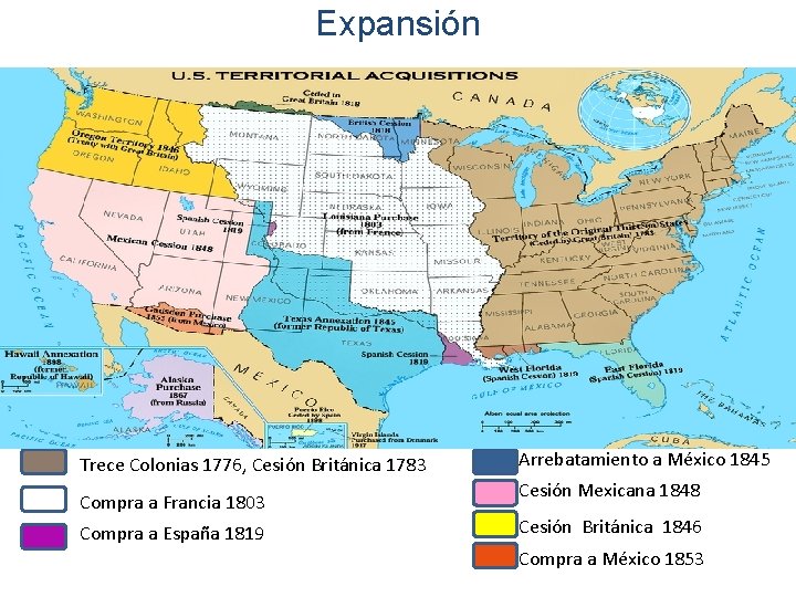 Expansión Trece Colonias 1776, Cesión Británica 1783 Compra a Francia 1803 Compra a España
