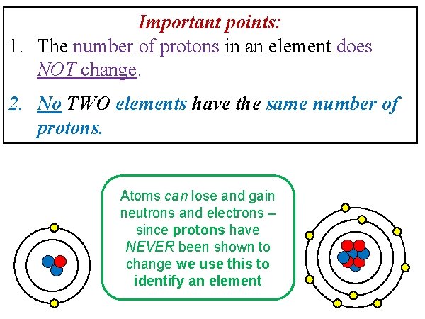 Important points: 1. The number of protons in an element does NOT change. 2.