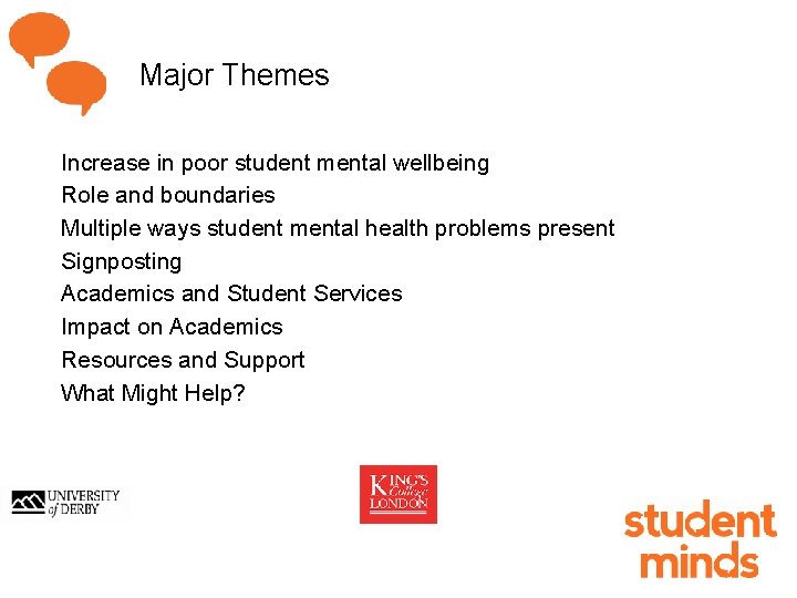 Major Themes Increase in poor student mental wellbeing Role and boundaries Multiple ways student