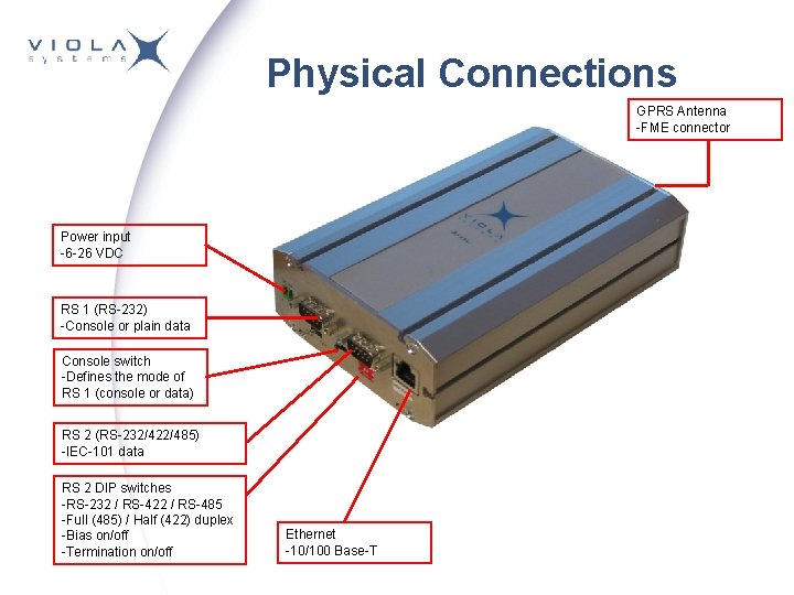 Physical Connections GPRS Antenna -FME connector Power input -6 -26 VDC RS 1 (RS-232)