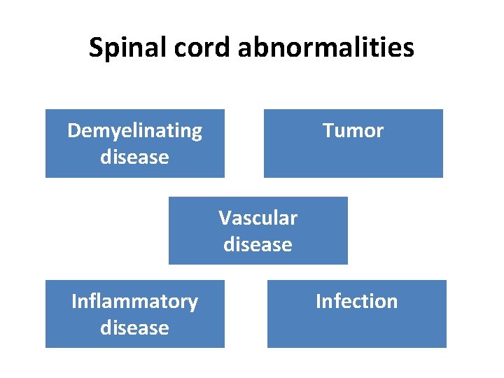 Spinal cord abnormalities Demyelinating disease Tumor Vascular disease Inflammatory disease Infection 