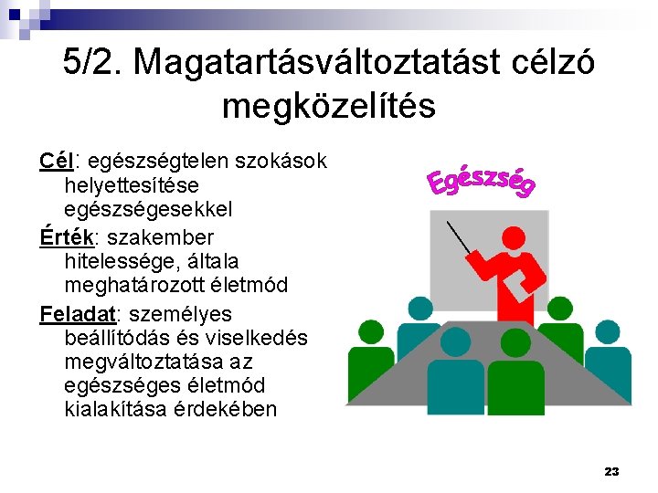 5/2. Magatartásváltoztatást célzó megközelítés Cél: egészségtelen szokások helyettesítése egészségesekkel Érték: szakember hitelessége, általa meghatározott