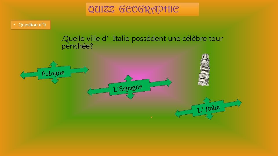  • Question n° 9 . Quelle ville d’Italie possèdent une célèbre tour penchée?