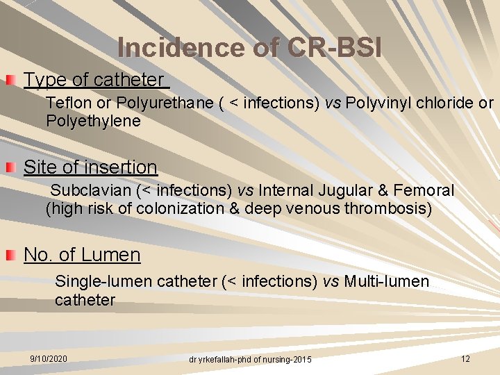 Incidence of CR-BSI Type of catheter Teflon or Polyurethane ( < infections) vs Polyvinyl