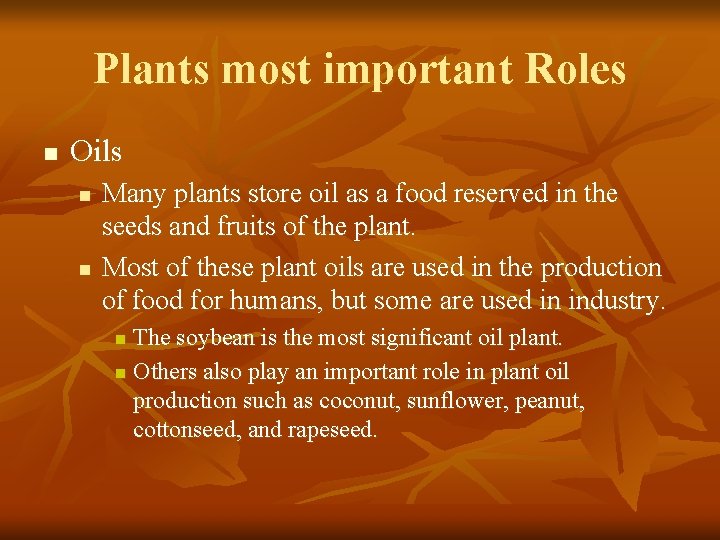 Plants most important Roles n Oils n n Many plants store oil as a