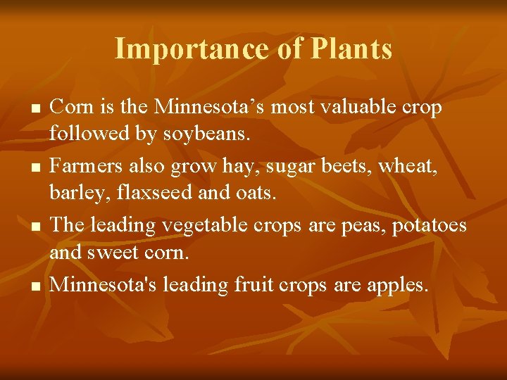 Importance of Plants n n Corn is the Minnesota’s most valuable crop followed by