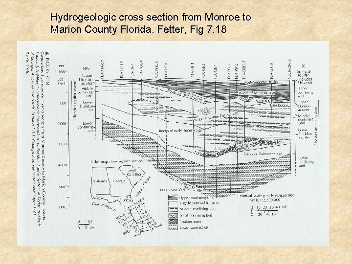 Hydrogeologic cross section from Monroe to Marion County Florida. Fetter, Fig 7. 18 