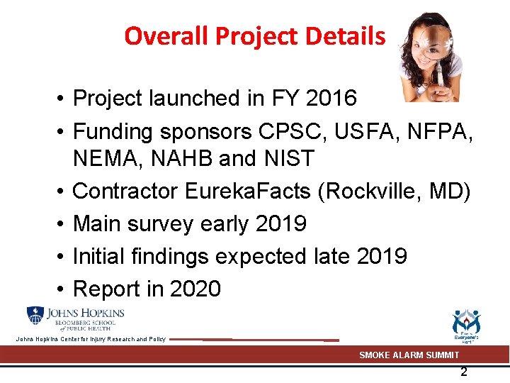 Overall Project Details • Project launched in FY 2016 • Funding sponsors CPSC, USFA,