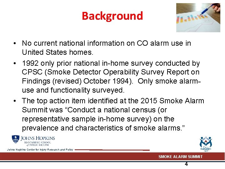 Background • No current national information on CO alarm use in United States homes.