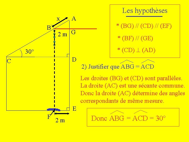 Les hypothèses x B A 2 m G * (BG) // (CD) // (EF)