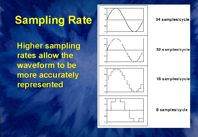 Sampling Rate • Higher sampling rates allow the waveform to be more accurately represented