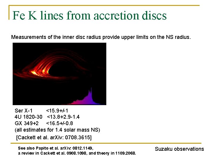 Fe K lines from accretion discs Measurements of the inner disc radius provide upper