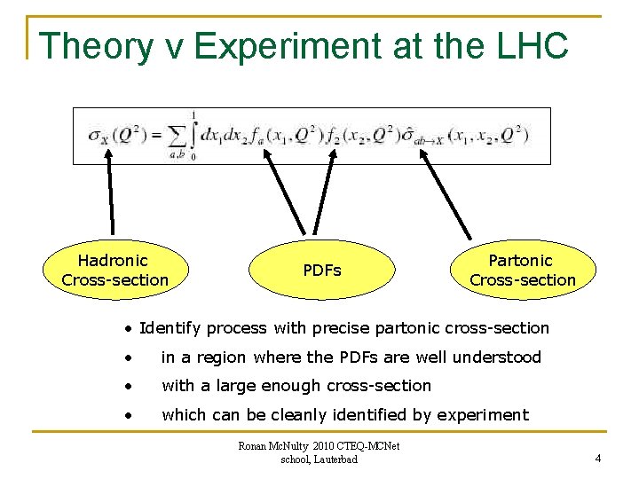 Theory v Experiment at the LHC Hadronic Cross-section PDFs Partonic Cross-section • Identify process