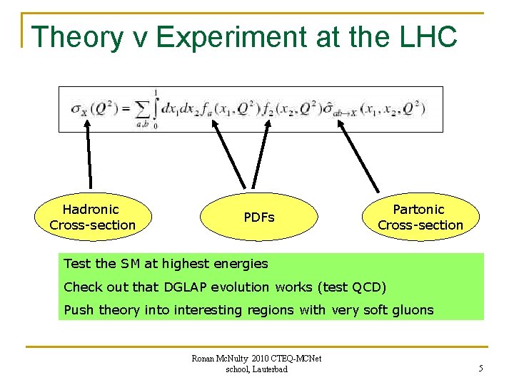 Theory v Experiment at the LHC Hadronic Cross-section PDFs Partonic Cross-section Test the SM