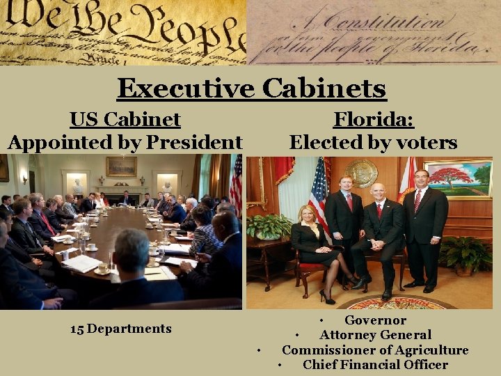 Executive Cabinets US Cabinet Appointed by President Florida: Elected by voters 15 Departments •