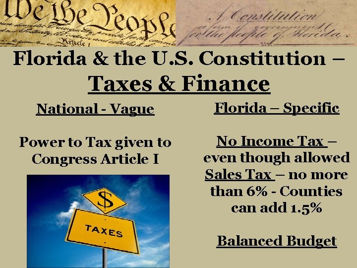 Florida & the U. S. Constitution – Taxes & Finance National - Vague Florida