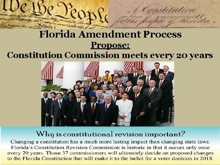 Florida Amendment Process Propose: Constitution Commission meets every 20 years 