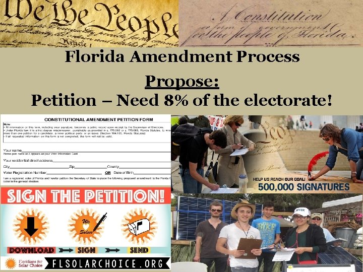 Florida Amendment Process Propose: Petition – Need 8% of the electorate! 