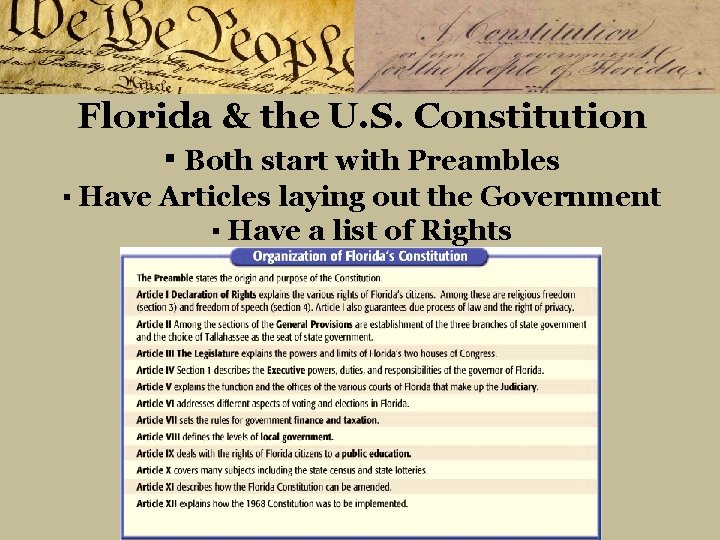 Florida & the U. S. Constitution ▪ Both start with Preambles ▪ Have Articles