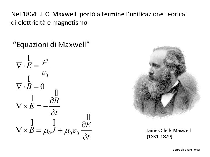 Nel 1864 J. C. Maxwell portò a termine l’unificazione teorica di elettricità e magnetismo