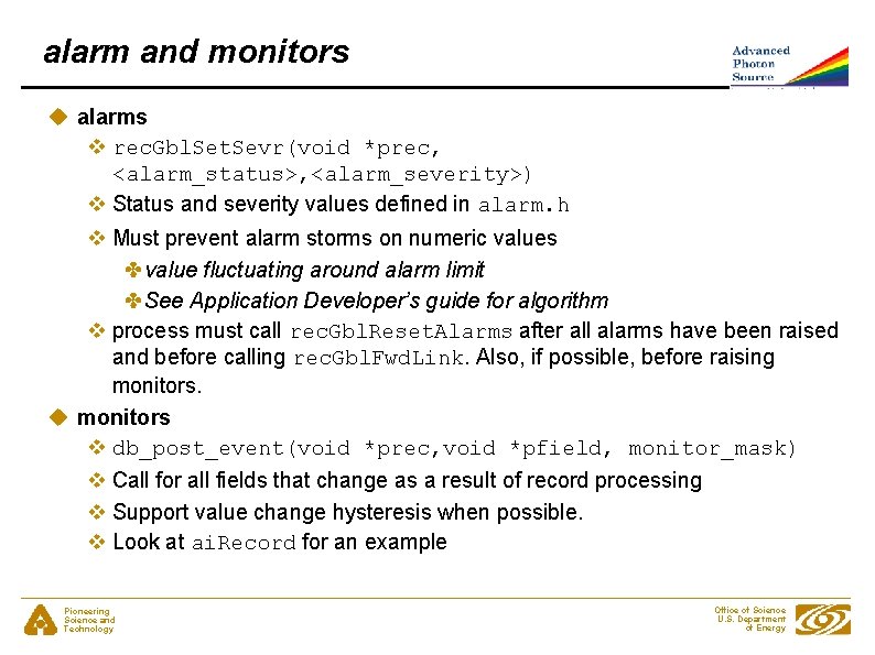 alarm and monitors u alarms v rec. Gbl. Set. Sevr(void *prec, <alarm_status>, <alarm_severity>) v