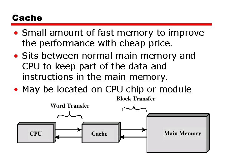 Cache • Small amount of fast memory to improve the performance with cheap price.
