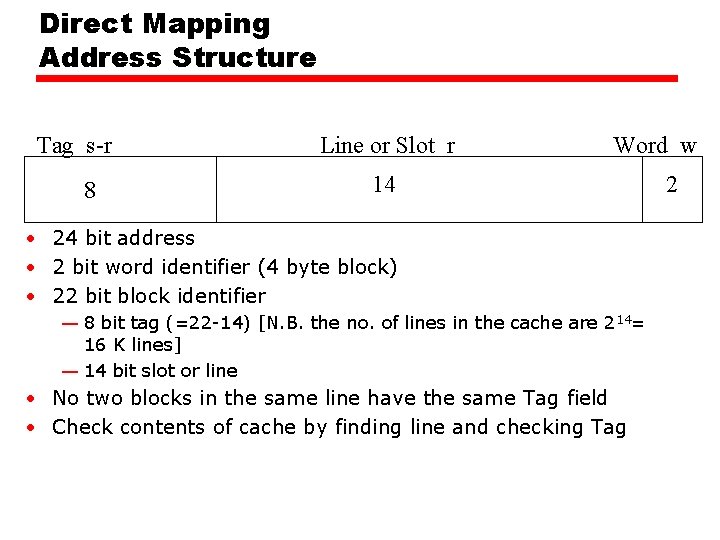 Direct Mapping Address Structure Tag s-r 8 Line or Slot r Word w 14