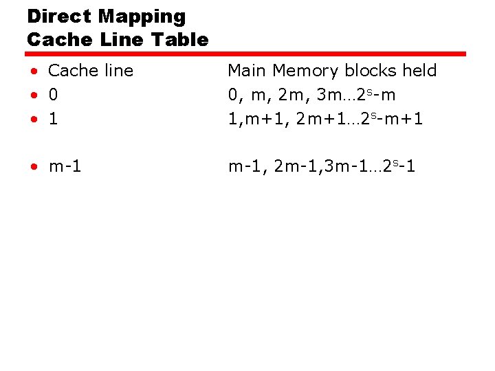 Direct Mapping Cache Line Table • Cache line • 0 • 1 Main Memory