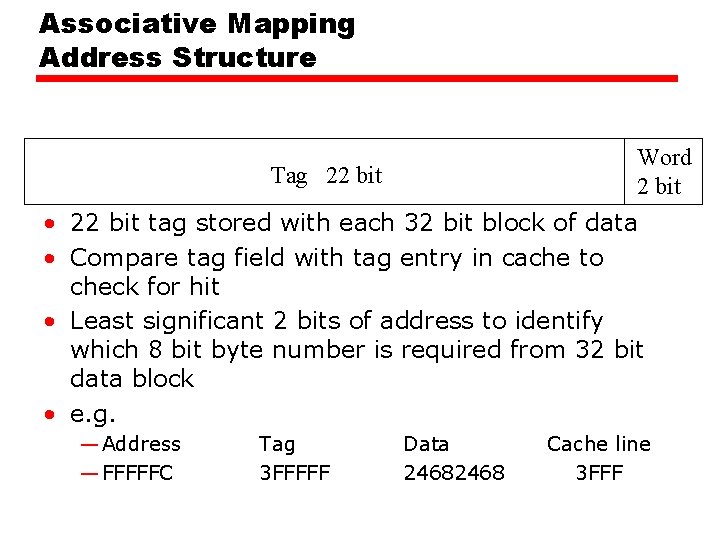 Associative Mapping Address Structure Word 2 bit Tag 22 bit • 22 bit tag