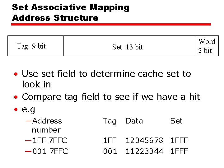 Set Associative Mapping Address Structure Tag 9 bit Word 2 bit Set 13 bit
