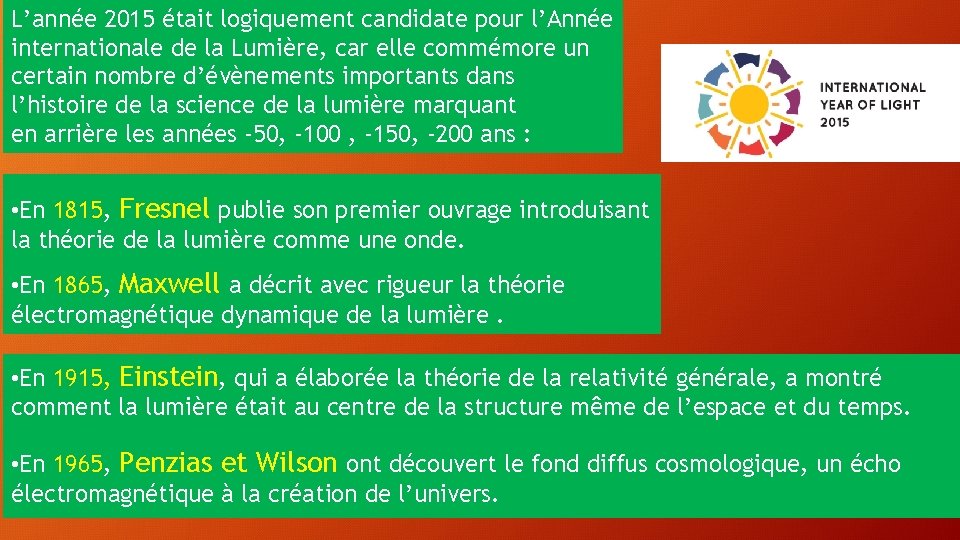 L’année 2015 était logiquement candidate pour l’Année internationale de la Lumière, car elle commémore