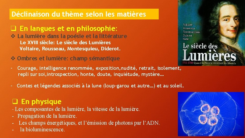 Déclinaison du thème selon les matières q En langues et en philosophie: v La