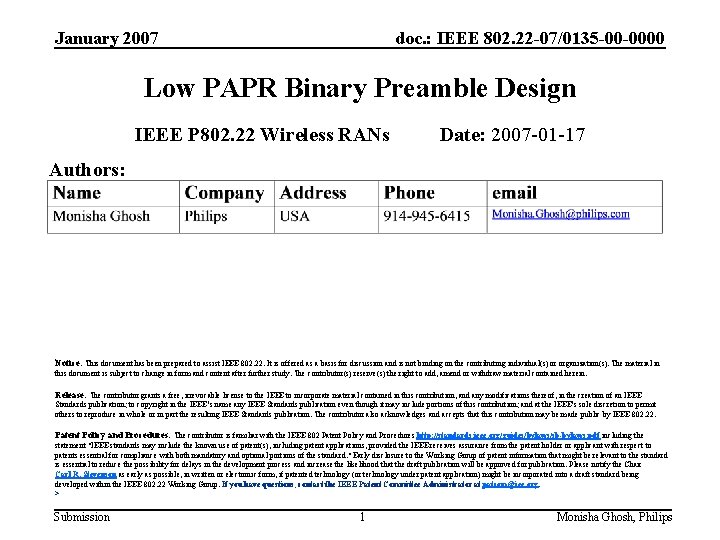 January 2007 doc. : IEEE 802. 22 -07/0135 -00 -0000 Low PAPR Binary Preamble