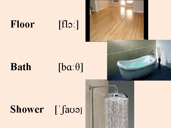 Floor [flɔː] Bath [bɑːθ] Shower [ˈʃaʊə] 