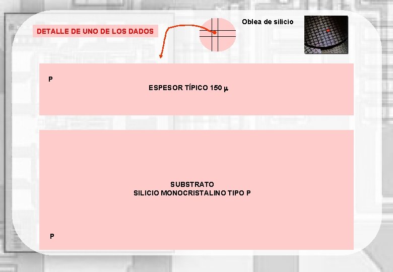 Oblea de silicio DETALLE DE UNO DE LOS DADOS P ESPESOR TÍPICO 150 SUBSTRATO