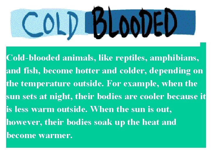 Cold-blooded animals, like reptiles, amphibians, and fish, become hotter and colder, depending on the