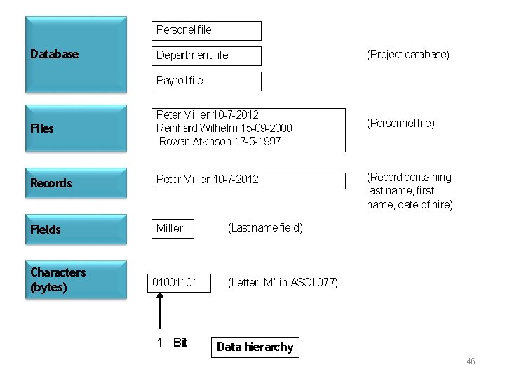 Personel file Database Department file (Project database) Payroll file Files Peter Miller 10 -7